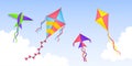 Kite in sky. Cartoon kites flying in clouds, happy festival banner. Summer outdoor play, kids colorful toys fly in wind Royalty Free Stock Photo