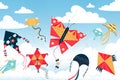 Kite in sky. Children wind toys of various shapes and colors in summer heaven. Paper objects with curly tails flying Royalty Free Stock Photo