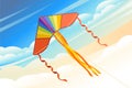 Kite soars in the sky flying colored toy vector illustration with cloudy morning sky on background Royalty Free Stock Photo