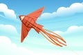 Kite soars in the sky flying colored toy vector illustration with cloudy morning sky on background Royalty Free Stock Photo