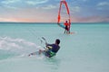 Kite surfer on Aruba in the Caribbean at sunset Royalty Free Stock Photo