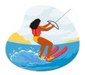 Kite Surfer Female Character Glides Over Waves, Propelled By Wind And Kite. Rider Executes Tricks And Maneuvers Royalty Free Stock Photo