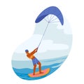 Kite Surfer Male Character Riding The Waves, Skillfully Maneuvering On Water With A Kite Attached To Harness Royalty Free Stock Photo