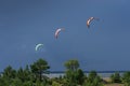 A kite surfer rides on the sea. Kites in the sky. Royalty Free Stock Photo