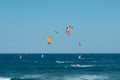 Kite board surfer and wind surfer on ocean at El Medano Beach
