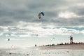 Kite surfers on a beach at sunset, Fuerteventura, Canary Islands, Spain Royalty Free Stock Photo