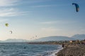 Kite surfers catch the waves on the windy Adriatic, Ulcinj, Montenegro. Royalty Free Stock Photo