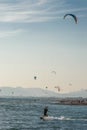 Kite surfers catch the waves on the windy Adriatic, Ulcinj, Montenegro. Royalty Free Stock Photo