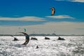 Kite surfers enjoying the sea at the sunset Royalty Free Stock Photo