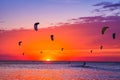 Kite-surfing against a beautiful sunset. Many silhouettes of kit Royalty Free Stock Photo