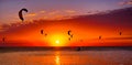 Kite-surfing against a beautiful sunset. Many silhouettes of kit Royalty Free Stock Photo