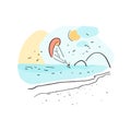 Kite surfing. Extreme sports. Hand drawn vector summer background. Simple drawing with beach. Useful for poster, card, banner and Royalty Free Stock Photo