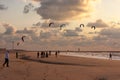 Kite surfing in the sunset at the beach of Scheveningen, the Ne Royalty Free Stock Photo