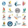 Kite surfing windserfing water sport club logo board sea summer wave wind badge vector illustration. Royalty Free Stock Photo