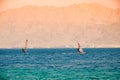 .Kite Surfing and Windsurfing in Eilat. Azure sea against the background of mountains, Khamsin in Israel Royalty Free Stock Photo