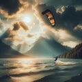 a kite surfing on a windy day at the lake. Royalty Free Stock Photo