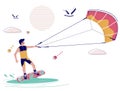 Kiteboarder on kiteboard pulled across water by kite, vector illustration. Kiteboarding, kitesurfing extreme water sport