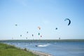 Kiteboarding competition, many kites in the sky, in southern Ukraine Royalty Free Stock Photo