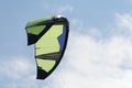 Kiteboarding kite close-up blue sky with clouds in background. Royalty Free Stock Photo