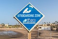 Kiteboarding sign, kitesurfing signpost on a beach at Makadi Bay, Red Sea in Egypt