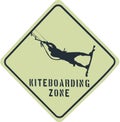 Kiteboarding zone sign. Black kite board area sign on yellow background warning about a sport zone. Jumping kite boarder or surfer
