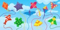 Kites in clouds, origami paper kite fly in blue sky. Makar sankranti festival background. Summer children outdoor funny Royalty Free Stock Photo