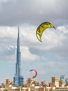 Kites flying over Kite Beach, Dubai Royalty Free Stock Photo