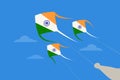 Kites in Indian flag colours fly in the sky Royalty Free Stock Photo