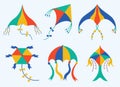 Kites set of vector icons. Hand-drawn illustrations. Paper toys for children decorated with bows, balls, ribbons. Royalty Free Stock Photo