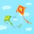 Kites in sky. Flying in wind paper child toys on string, activity fun game in clouds, summer festival background, neat Royalty Free Stock Photo