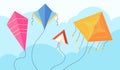 Kites in sky. Fun fly kite, child toy flying wind. Kiting, makar sankranti pongal festival concept. Summer activity Royalty Free Stock Photo