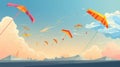 Kites in sky. Summer blue skies and clouds with kite on string flying in wind. Kites festival banner Royalty Free Stock Photo