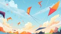 Kites in sky. Summer blue skies and clouds with kite on string flying in wind. Kites festival banner Royalty Free Stock Photo