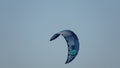 Kitesurf kite against clear sky. Kite flying in air scenic background. Imbros Island.