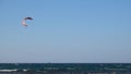 Kitesurf kite against clear sky. Kite flying in air scenic background. Imbros Island.