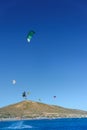 Kitesurfer in big jump in air on Prasonisi beach Rhodes, Greece