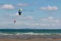 Kitesurfers with Auckland skyline Royalty Free Stock Photo