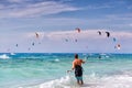 Kitesurfers on the Milos beach in Lefkada, Greece Royalty Free Stock Photo