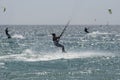 Kitesurfers in the summer at sea. Tarifa. Spain.