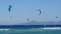 Kitesurfers in Theologos, Rhodes Island, Greece. Royalty Free Stock Photo