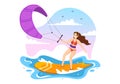 Kitesurfing Illustration with Kite Surfer Standing on Kiteboard in the Summer Sea in Extreme Water Sports Flat Cartoon Hand Drawn