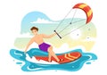 Kitesurfing Illustration with Kite Surfer Standing on Kiteboard in the Summer Sea in Extreme Water Sports Flat Cartoon Hand Drawn