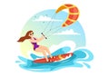 Kitesurfing Illustration with Kite Surfer Standing on Kiteboard in the Summer Sea in Extreme Water Sports Flat Cartoon Hand Drawn