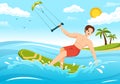 Kitesurfing Illustration with Kite Surfer Standing on Kiteboard in the Summer Sea in Extreme Water Sports Flat Cartoon Hand Drawn