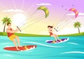 Kitesurfing Illustration with Kite Surfer Standing on Kiteboard in the Summer Sea in Extreme Water Sports Flat Cartoon Hand Drawn