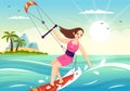 Kitesurfing Illustration with Kite Surfer Standing on Kiteboard in the Summer Sea in Extreme Water Sports Flat Cartoon Hand Drawn