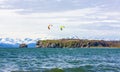 The Kitesurfing, kiteboarding, kite surf. Extreme sport kitesurfing in Kamchatka Peninsula in the Pacific ocean