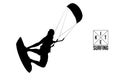 Kitesurfing and kiteboarding. Silhouette of a kitesurfer. Man in a jump performs a trick. Big air competition. Vector