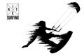 Kitesurfing and kiteboarding. Silhouette of a kitesurfer. Man in a jump performs a trick. Big air competition. Vector