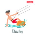 Kitesurfing man flat character. Color vector illustration Royalty Free Stock Photo